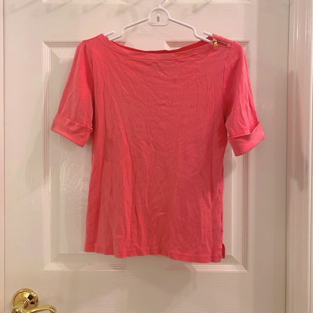 Lauren Ralph Lauren Pink Top - Zip Detail at Shoulder, Short Sleeves, Boatneck